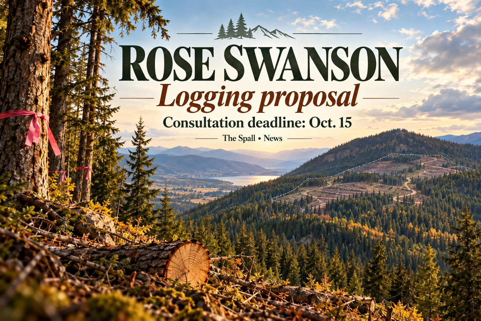 Editorial illustration of Rose Swanson forest and a proposed cut-block area on a mountain slope.